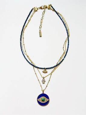 🧿Gold Multi-Layer Brass Necklace with Navy Beads and Blue Evil Eye Pendant